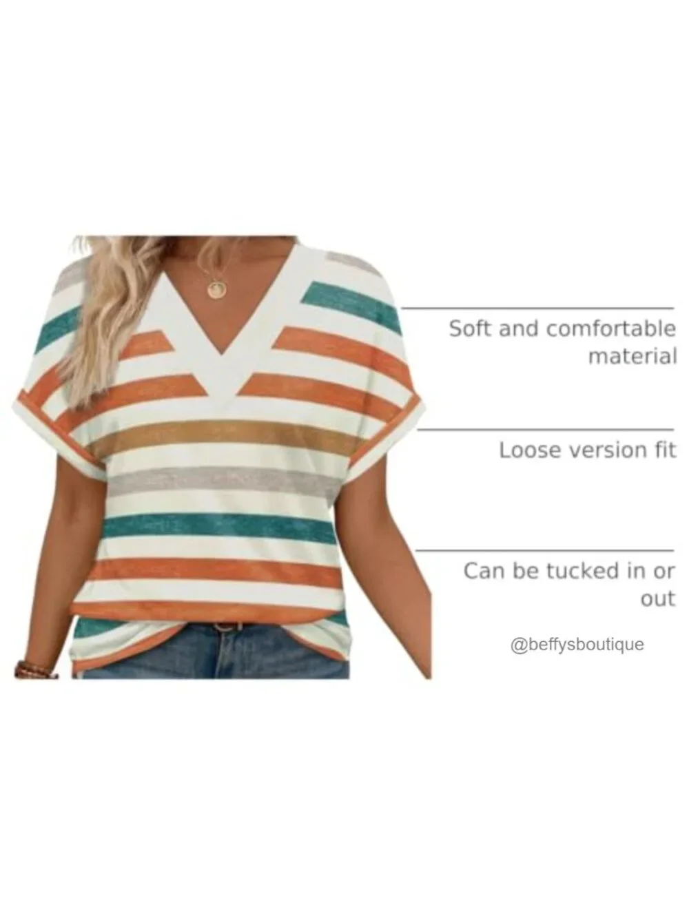 Womens V-Neck Striped Short Sleeve T-Shirt Dolman Top 95% Polyester 5% Spandex